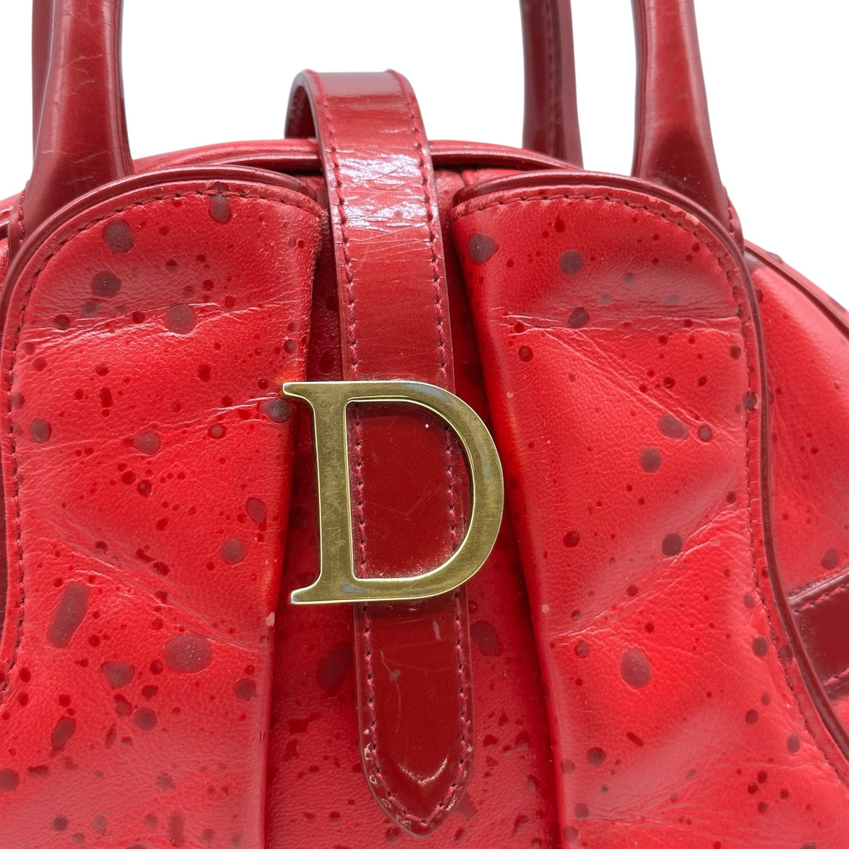 Christian Dior Red Spotted Leather Small Bowler Handbag