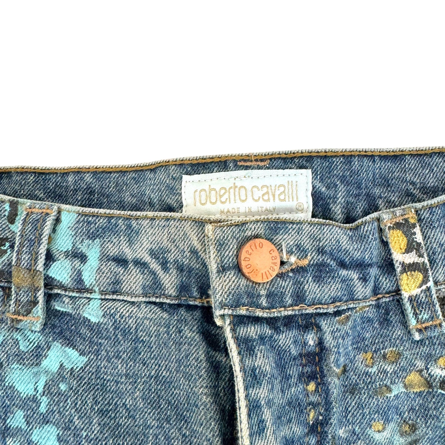 Roberto Cavalli Gold & Blue Spotted Painted Jeans
