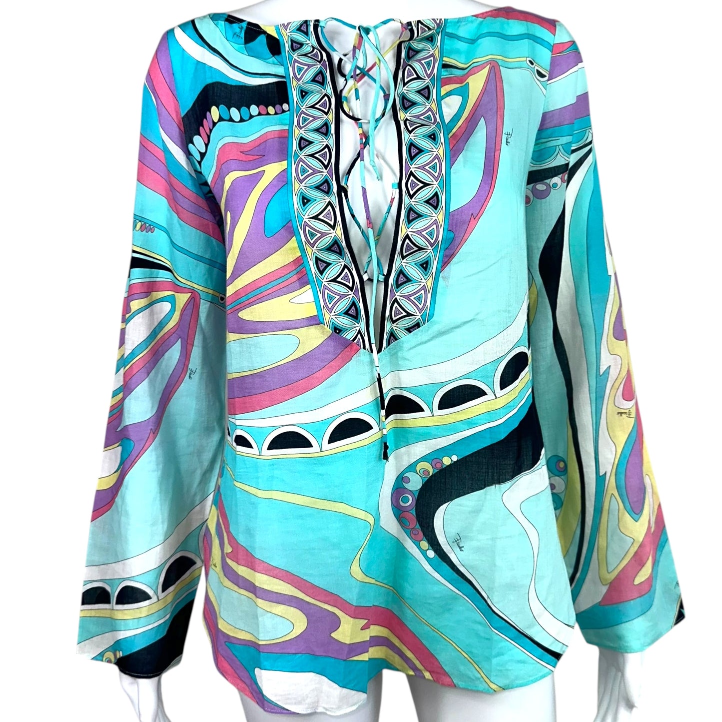 Emilio Pucci Blue Butterfly Print Sheer Lace Up Blouse - Outfit Repeater