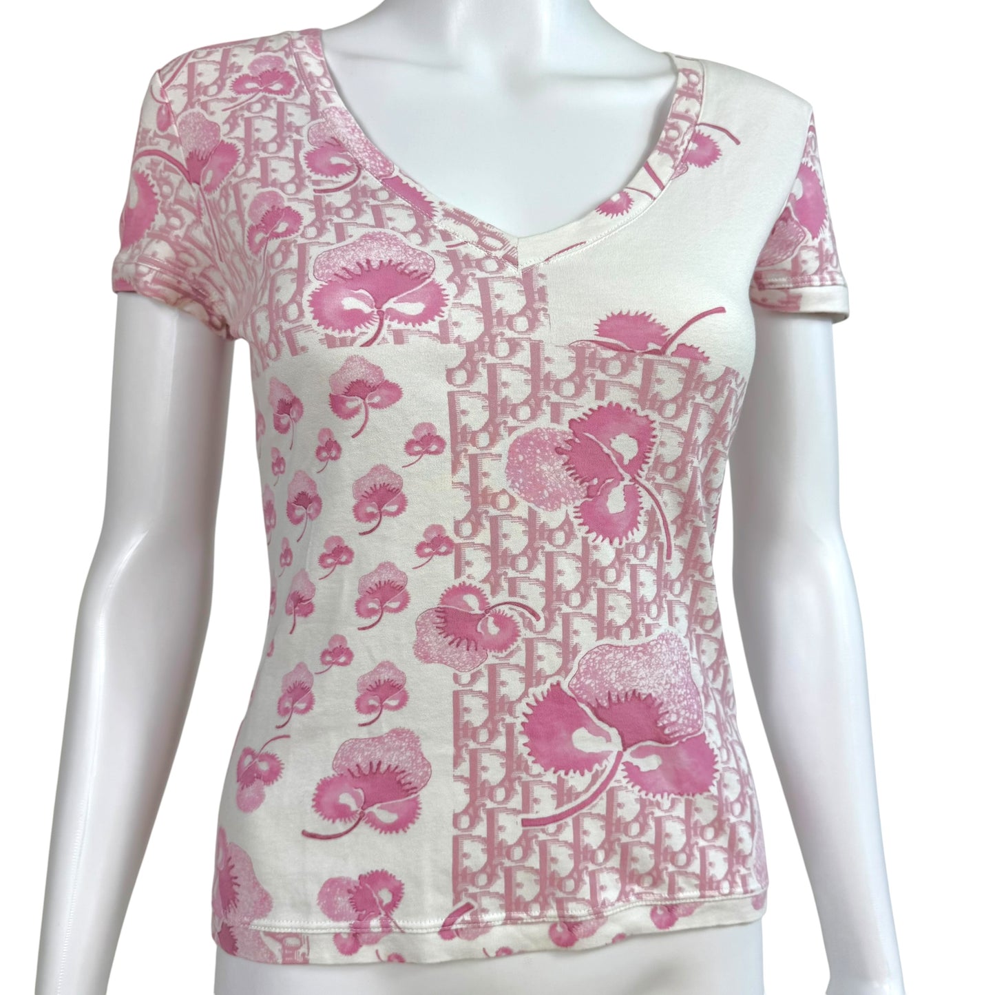 Christian Dior V-Neck T-Shirt Pink White Logo Print