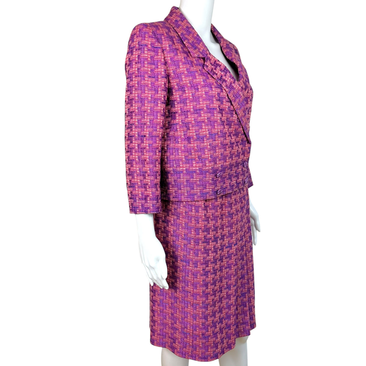 Chanel Pink Purple Houndstooth Tweed Crop Blazer Midi Skirt