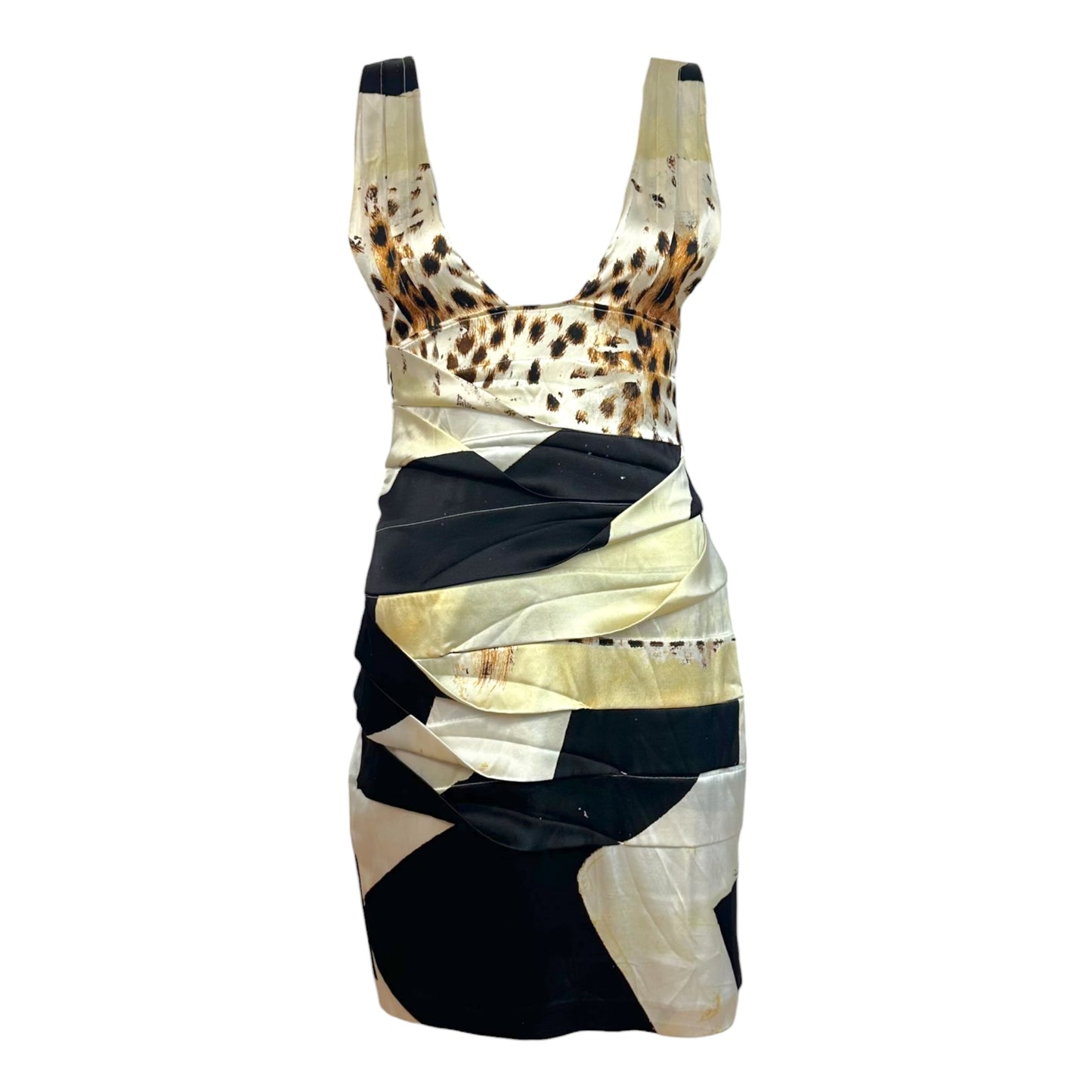 Roberto Cavalli Black & Ivory Striped Leopard Print Silk Plunge Mini Dress