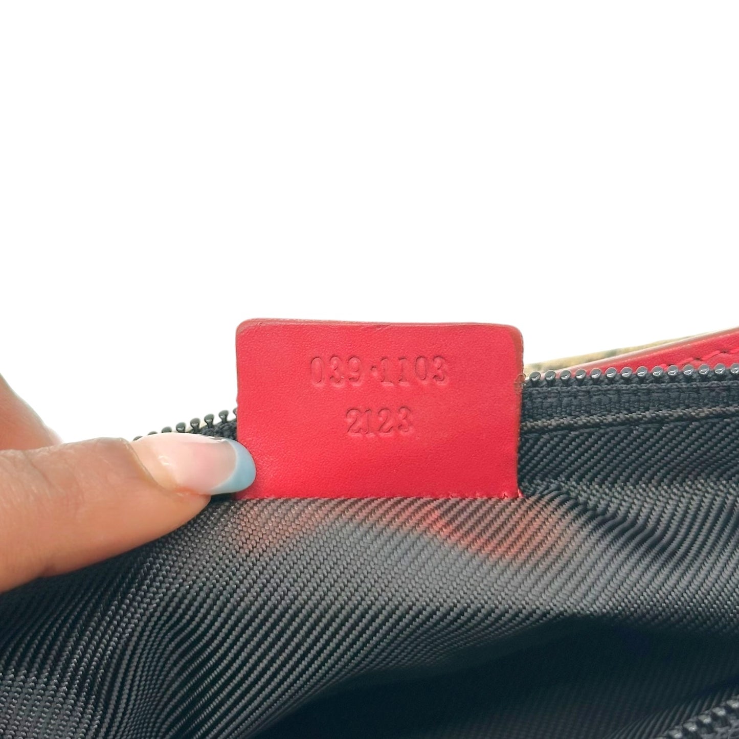 Gucci Red Leather Gray Monogram Boat Pochette Bag