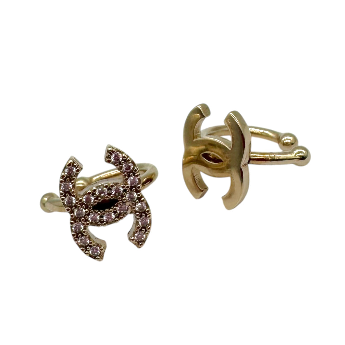 Chanel Gold Crystal Faux Lip Ring Ear Cuff Set
