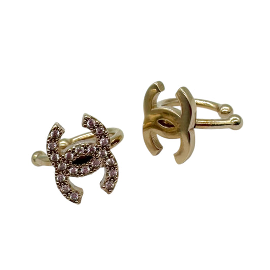 Chanel Gold Crystal Faux Lip Ring Ear Cuff Set