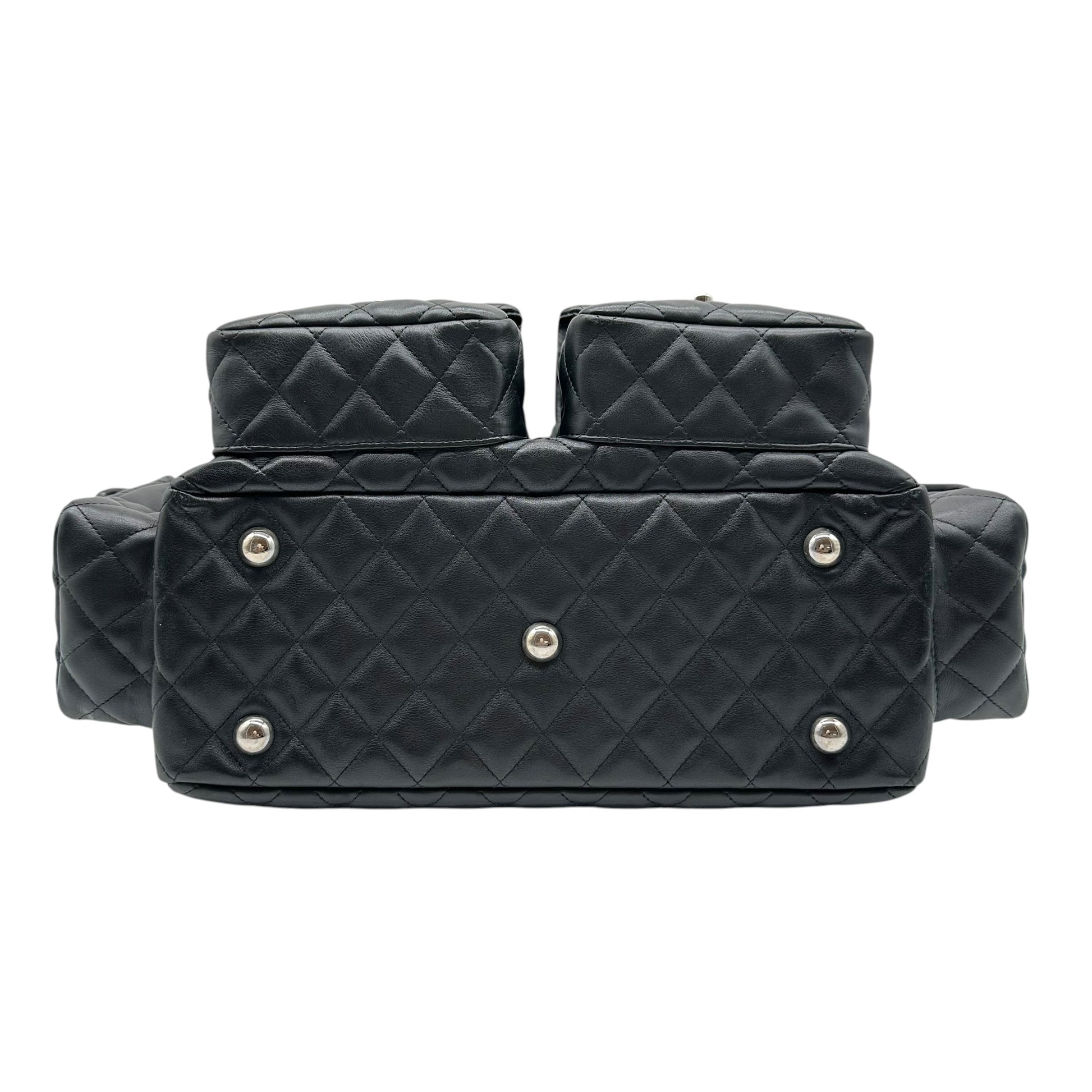 Chanel Black White Quilted Multi-Pocket Reporter Bag