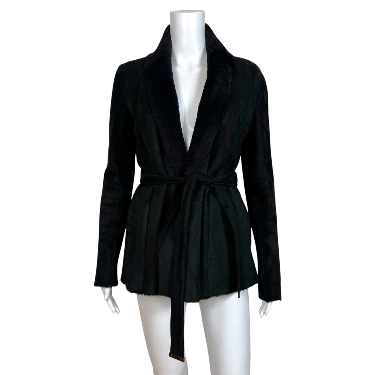 Gucci by Tom Ford Black Shearling Mid-Length Wrap Coat