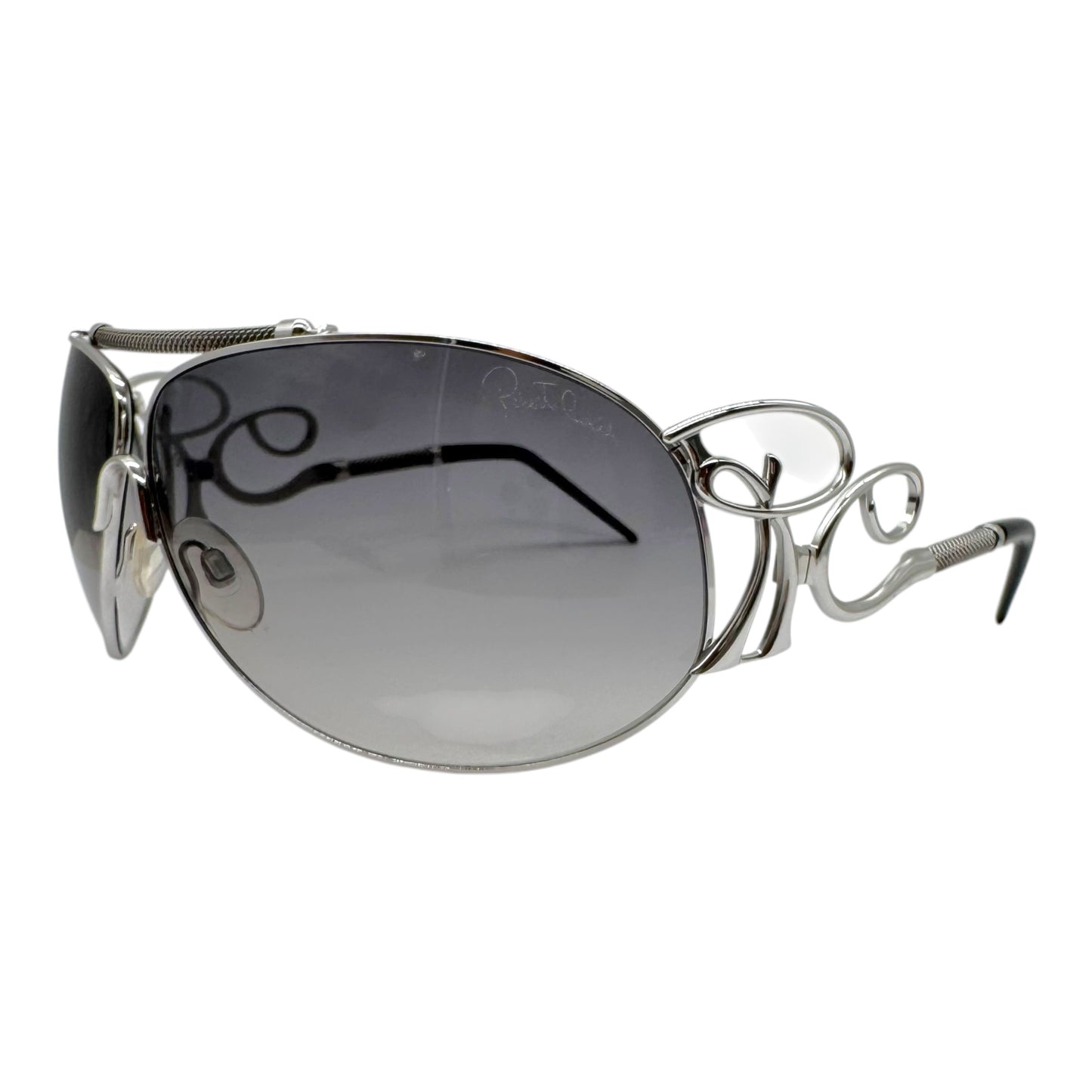 Roberto Cavalli Silver Logo Arm Oversized Aviator Sunglasses w/ Case