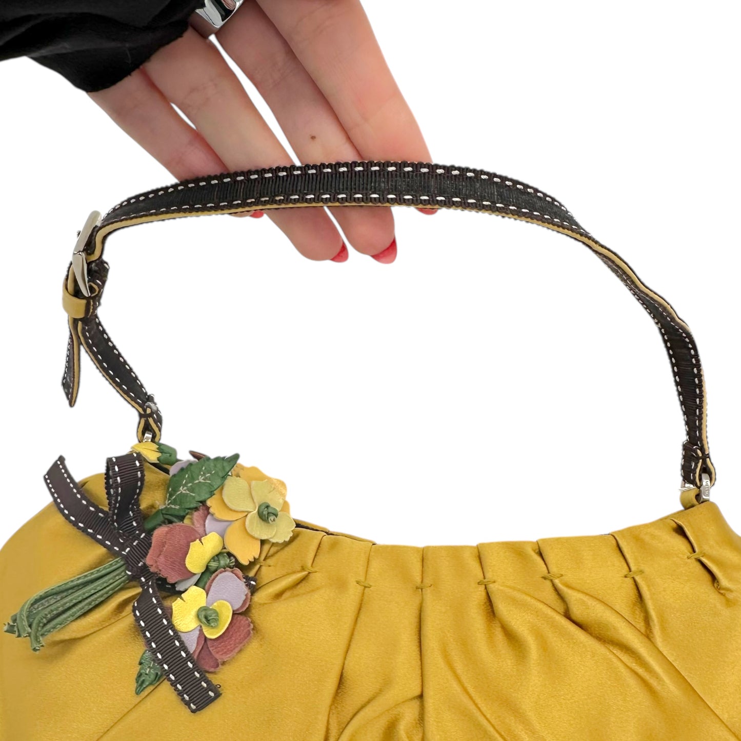 Prada Yellow Silk Floral Applique Shoulder Bag