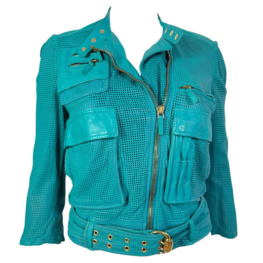 Gucci Cropped Turquoise Perforated Leather Jacket