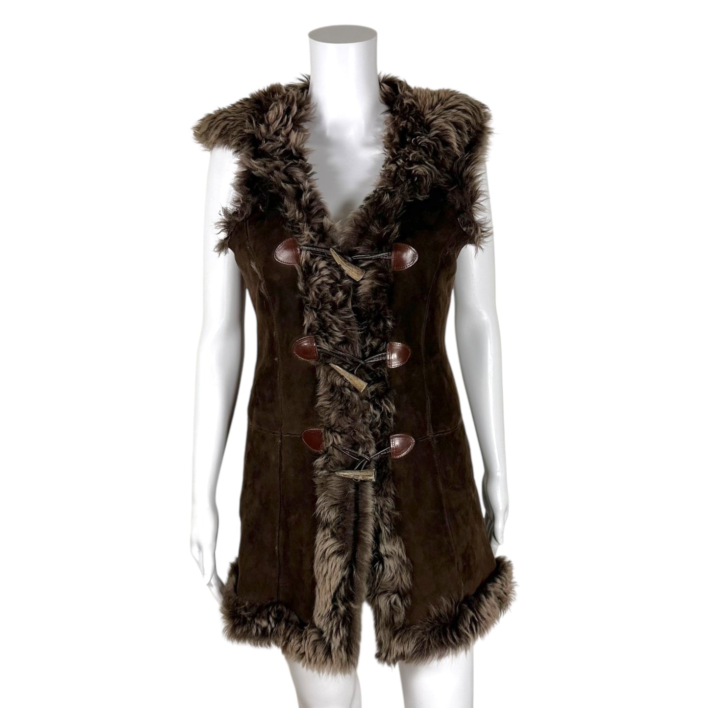 D&G Dolce & Gabbana Brown Sheepskin Hooded Toggle Vest