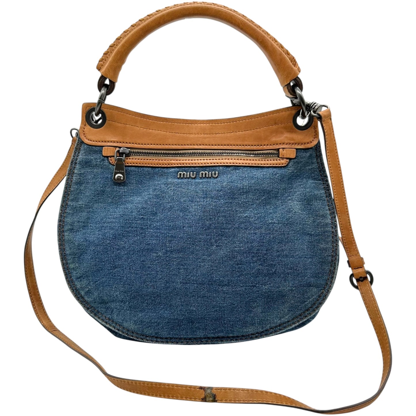 Miu Miu Denim & Leopard Print Ponyhair 2-Way Bag