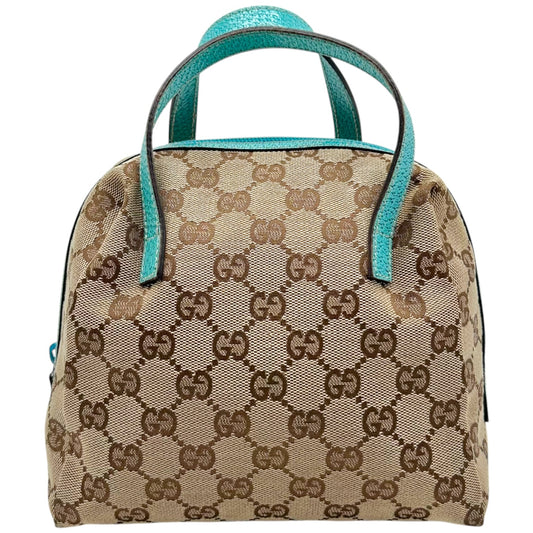 Gucci Tan Monogram Turquoise Top Handle Pochette Bag