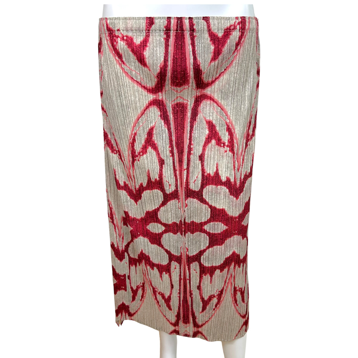 Issey Miyake Pleats Please Red Gray Printed Midi Skirt