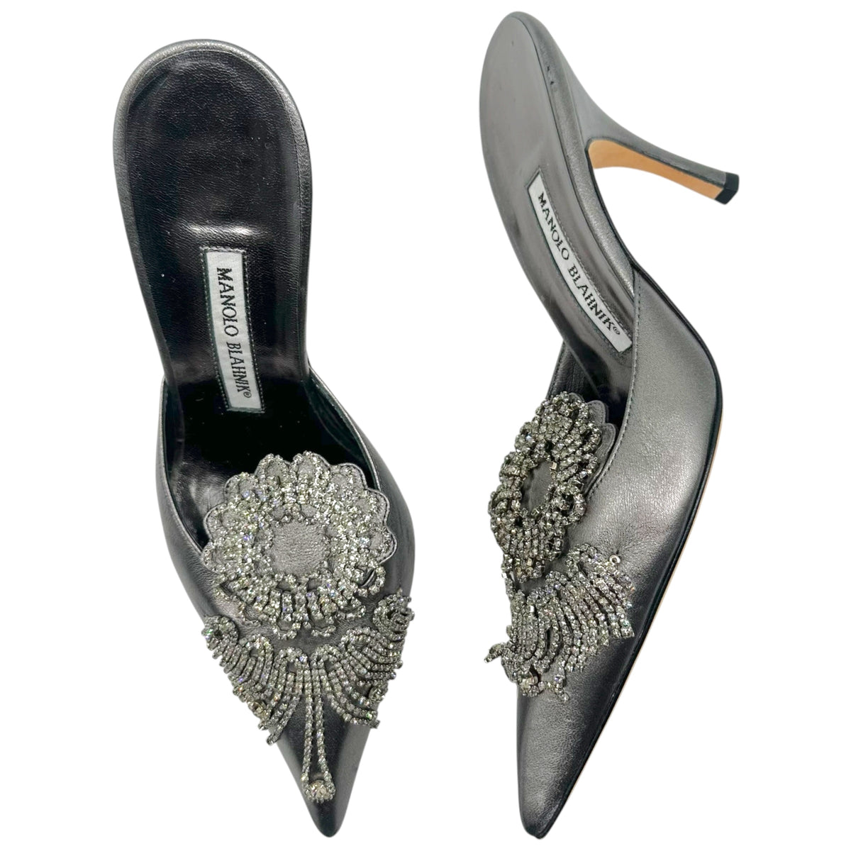 Manolo Blahnik Silver Leather & Crystal Embellished Mule Heels