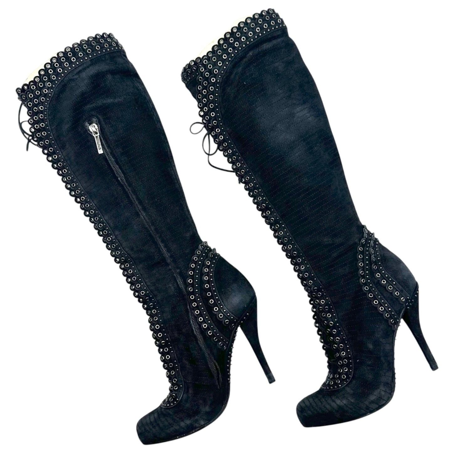 Christian Dior F/W 2011 Black Suede & Silver Rivet Lace Up Knee High Heeled Boots