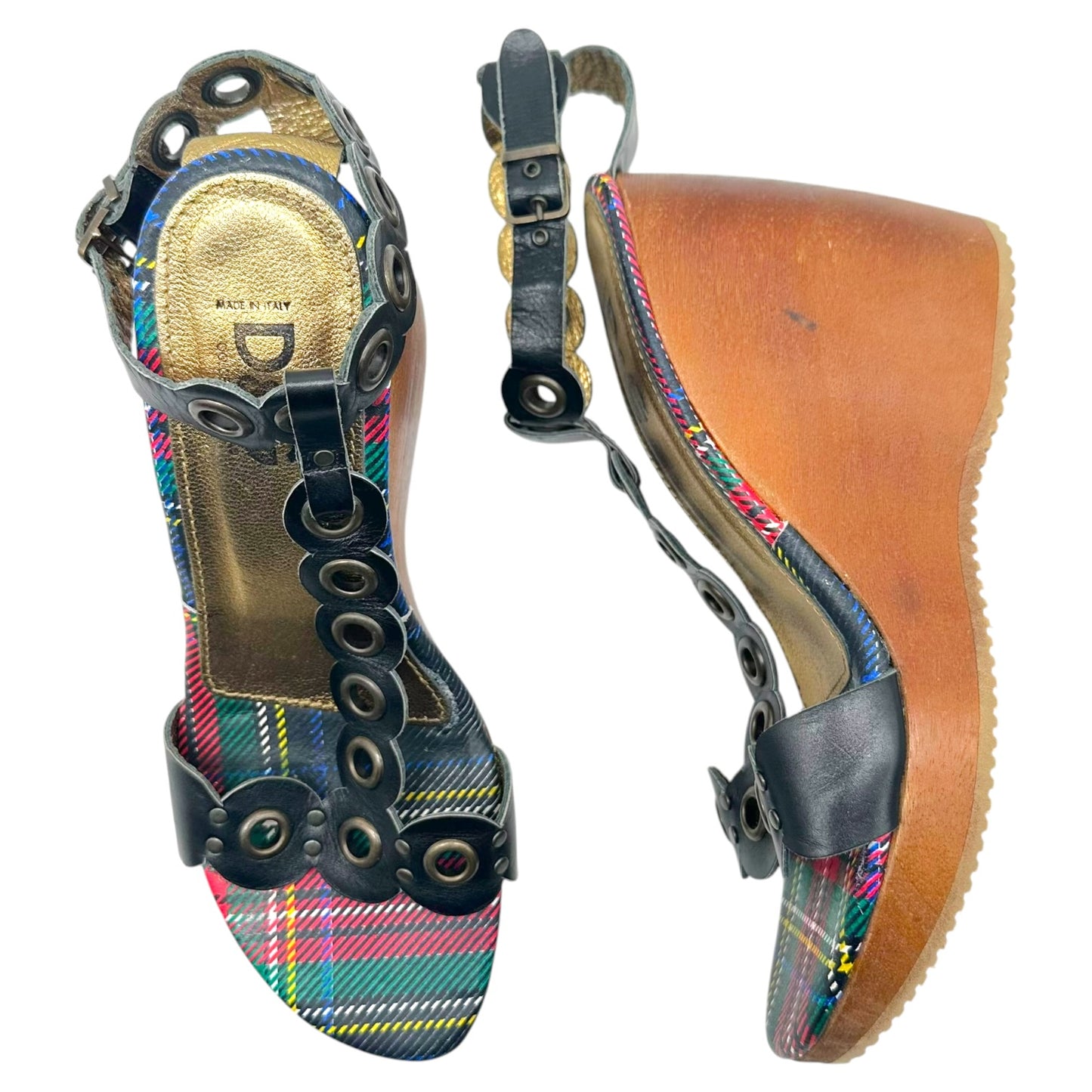 D&G Wooden Platform Heels Plaid Red Blue Green