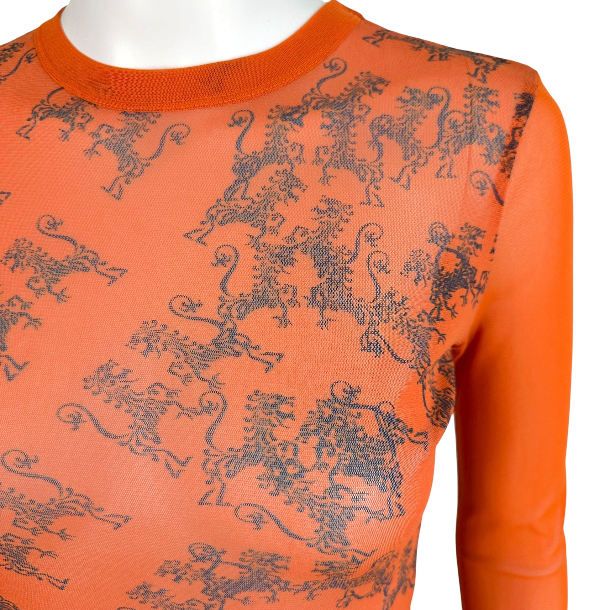 Jean Paul Gaultier Orange Tribal Printed Mesh Longsleeve Top