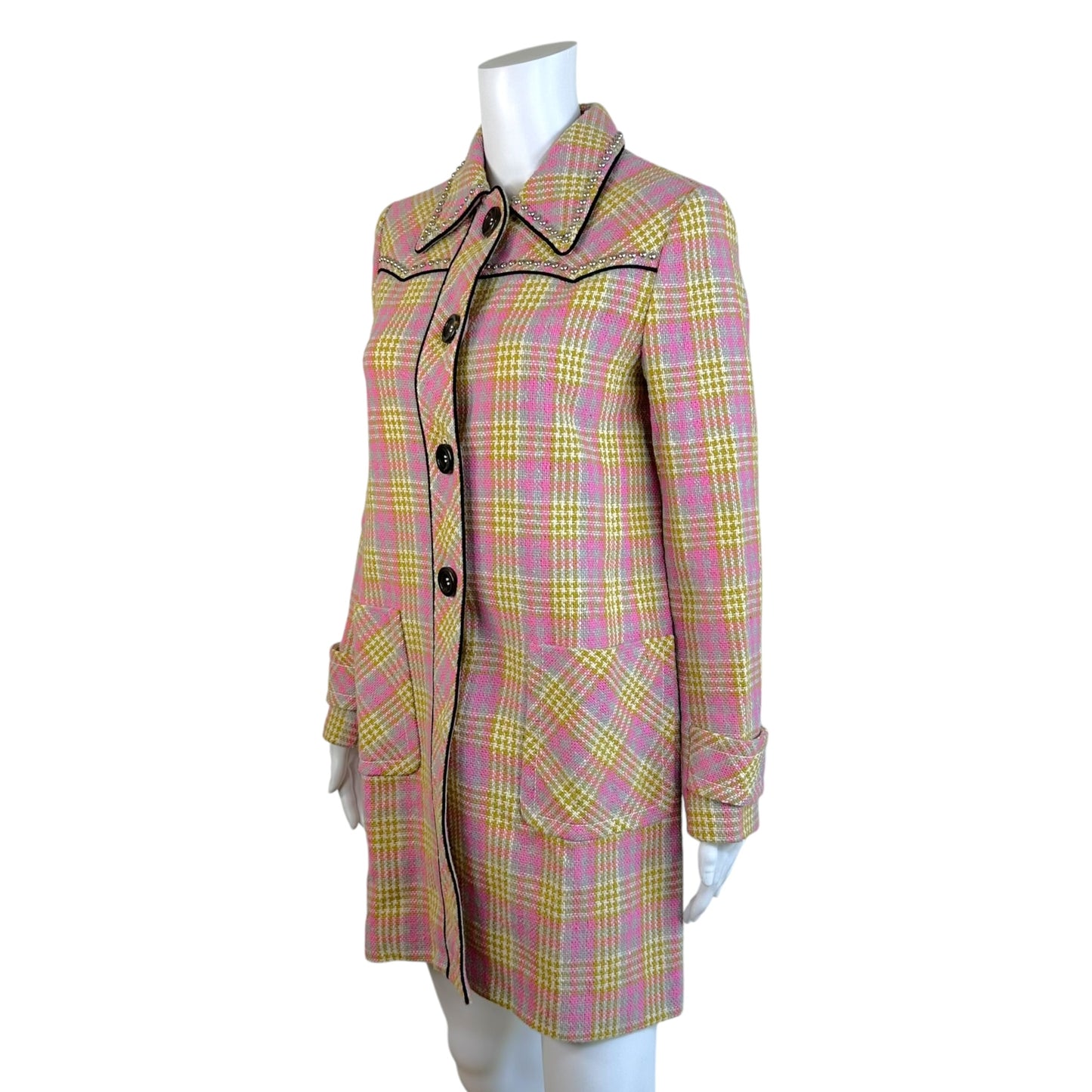 Miu Miu Pink Yellow Plaid Tweed Coat with Studs