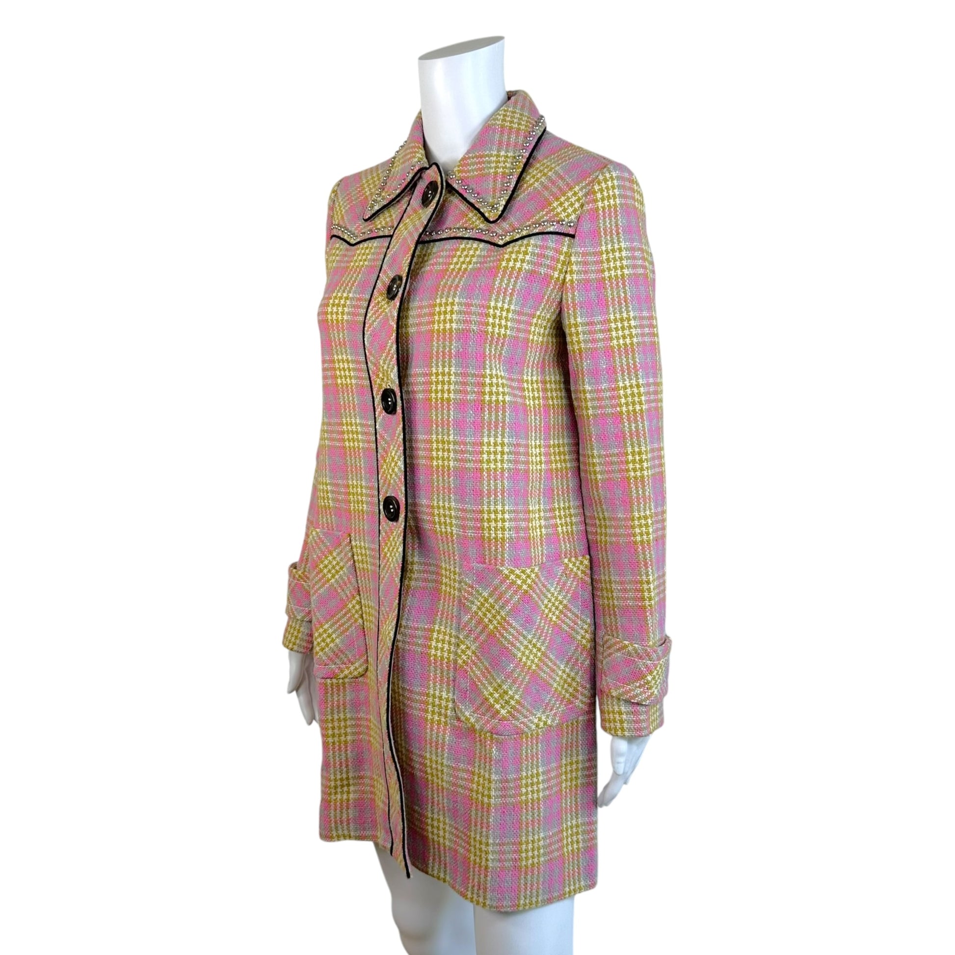 Miu Miu Pink Yellow Plaid Tweed Coat with Studs