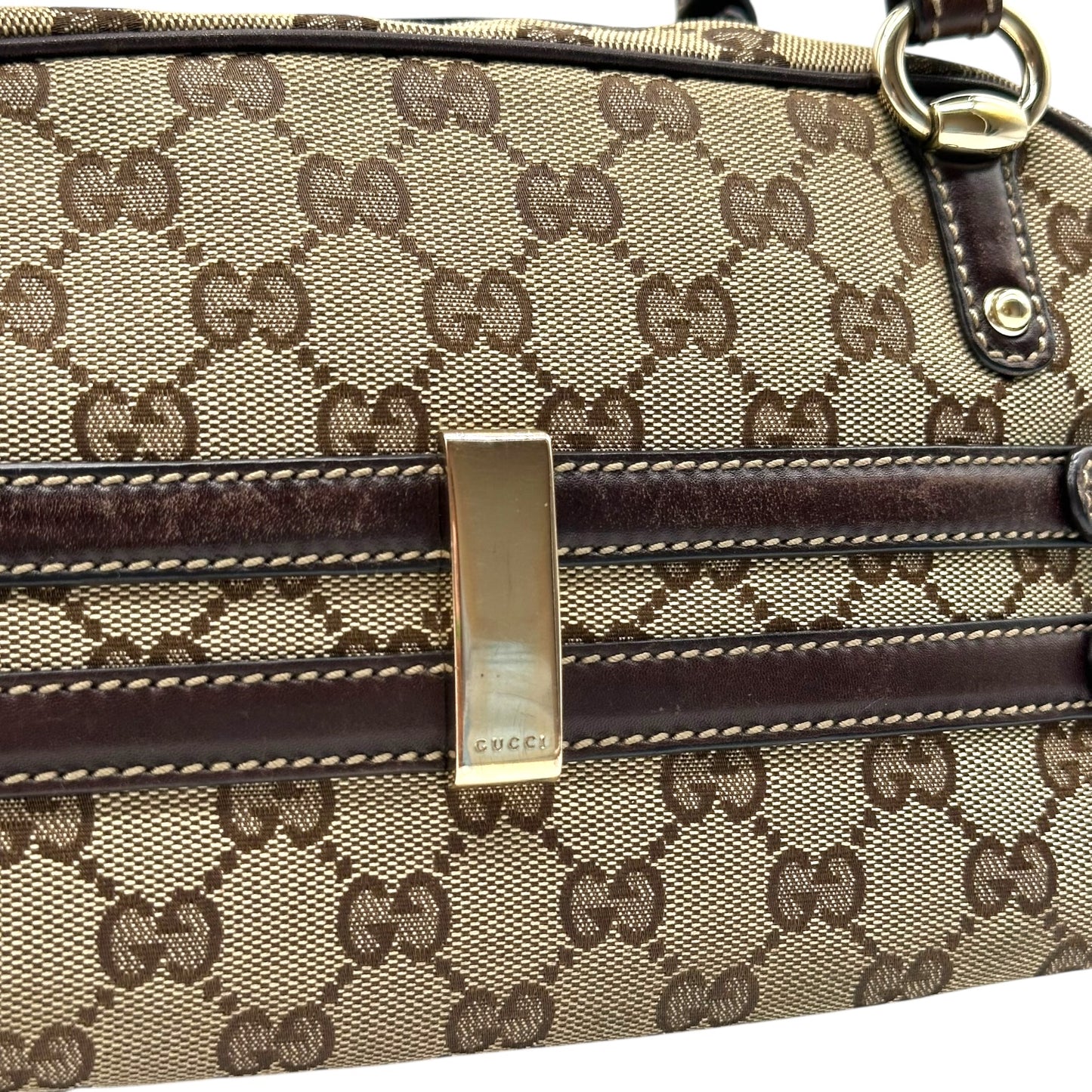 Gucci Brown Monogram & Bamboo East West Shoulder Bag