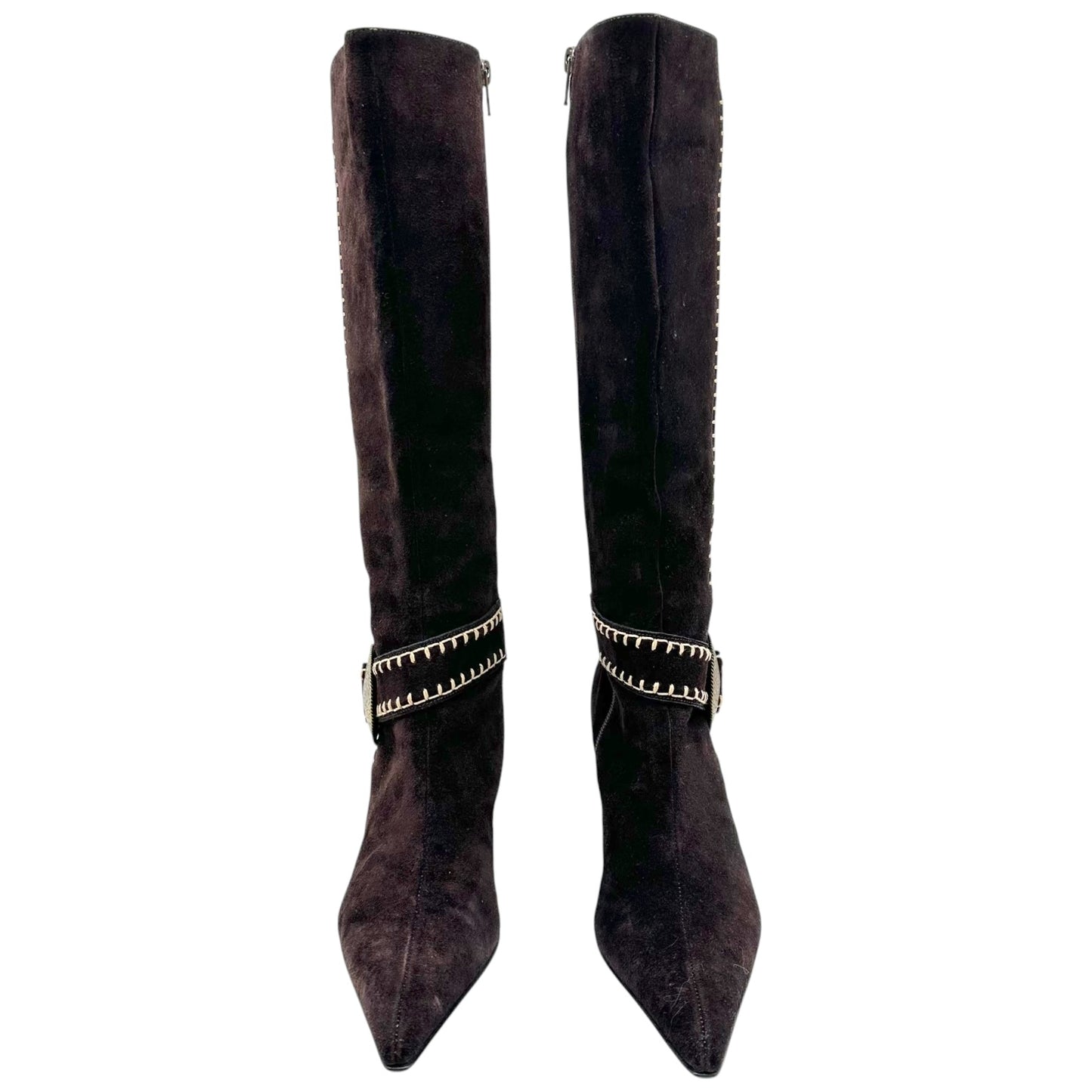 Casadei Brown Suede Whipstitch Pointed Toe Heeled Boots