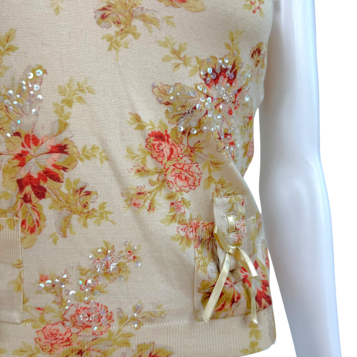 Christian Dior Floral Knit Cami Ivory Pink Lace-Up