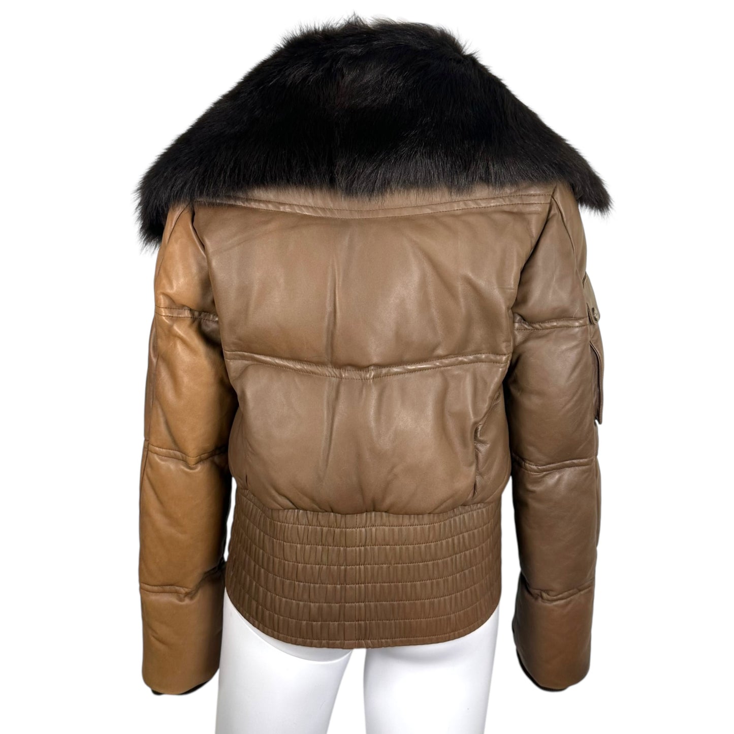 Ralph Lauren Black Label Brown Lambskin Down-Fill Fur Trim Puffer Coat