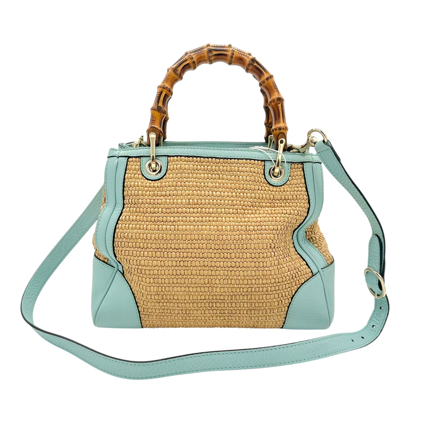 Gucci Raffia & Bamboo Blue Leather Trim 2-Way Bag - Outfit Repeater