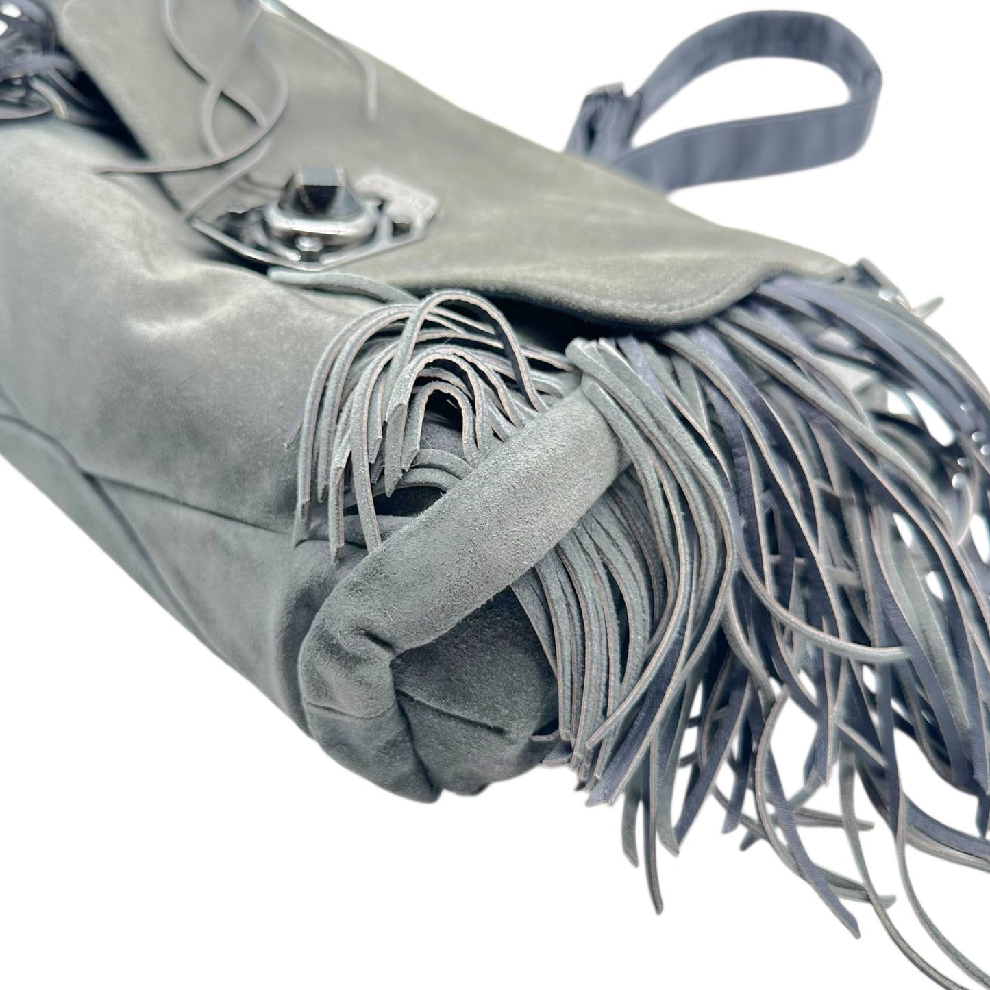 Celine Gray Suede Fringe Trim Crossbody Bag