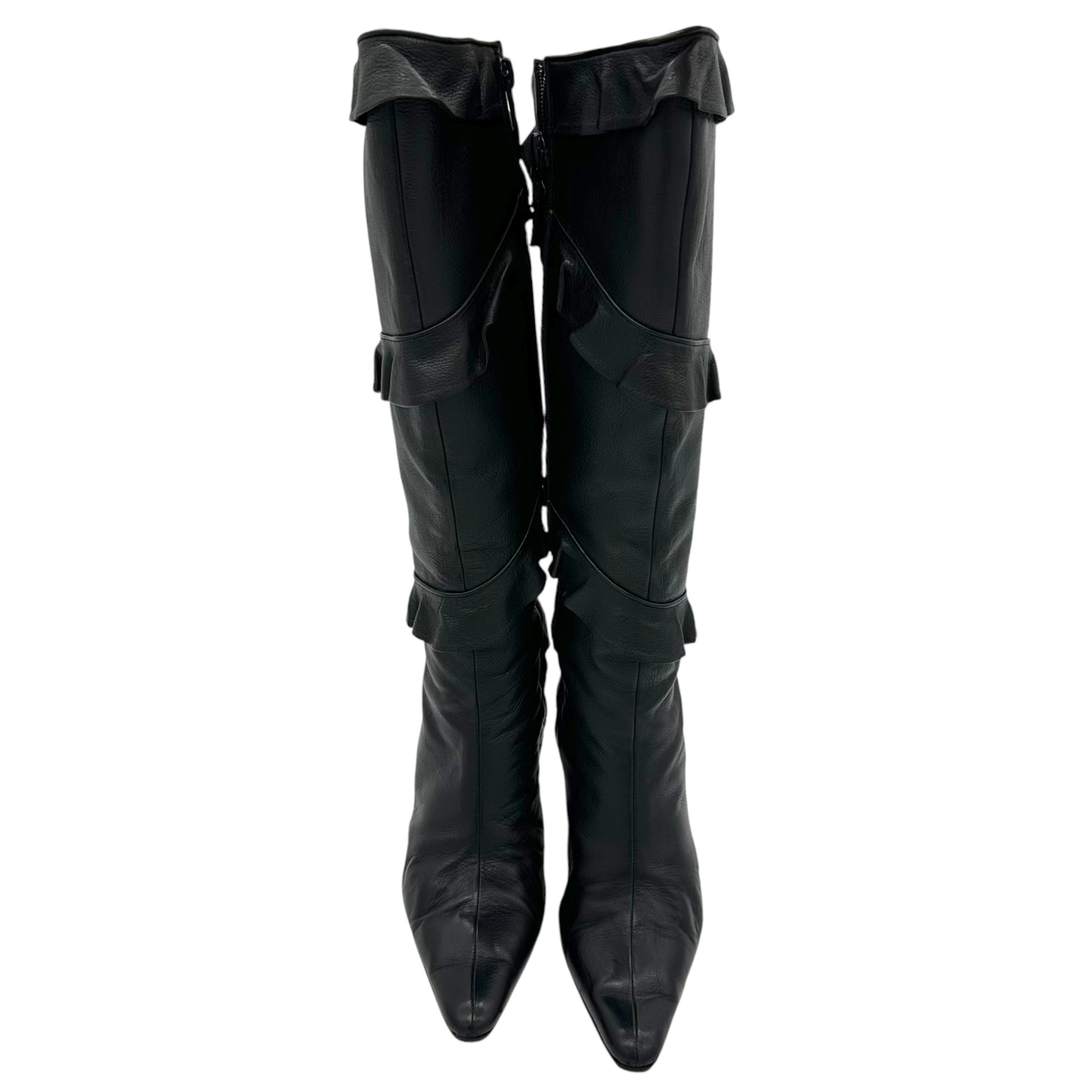 Manolo Blahnik Ruffle Black Leather Pointed Toe Boots - Outfit Repeater