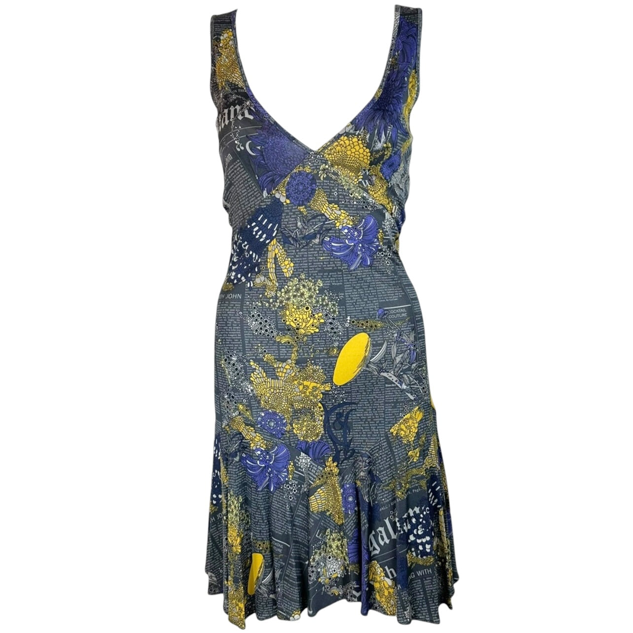 Galliano Midi Dress Purple Yellow Floral Print V-Neck