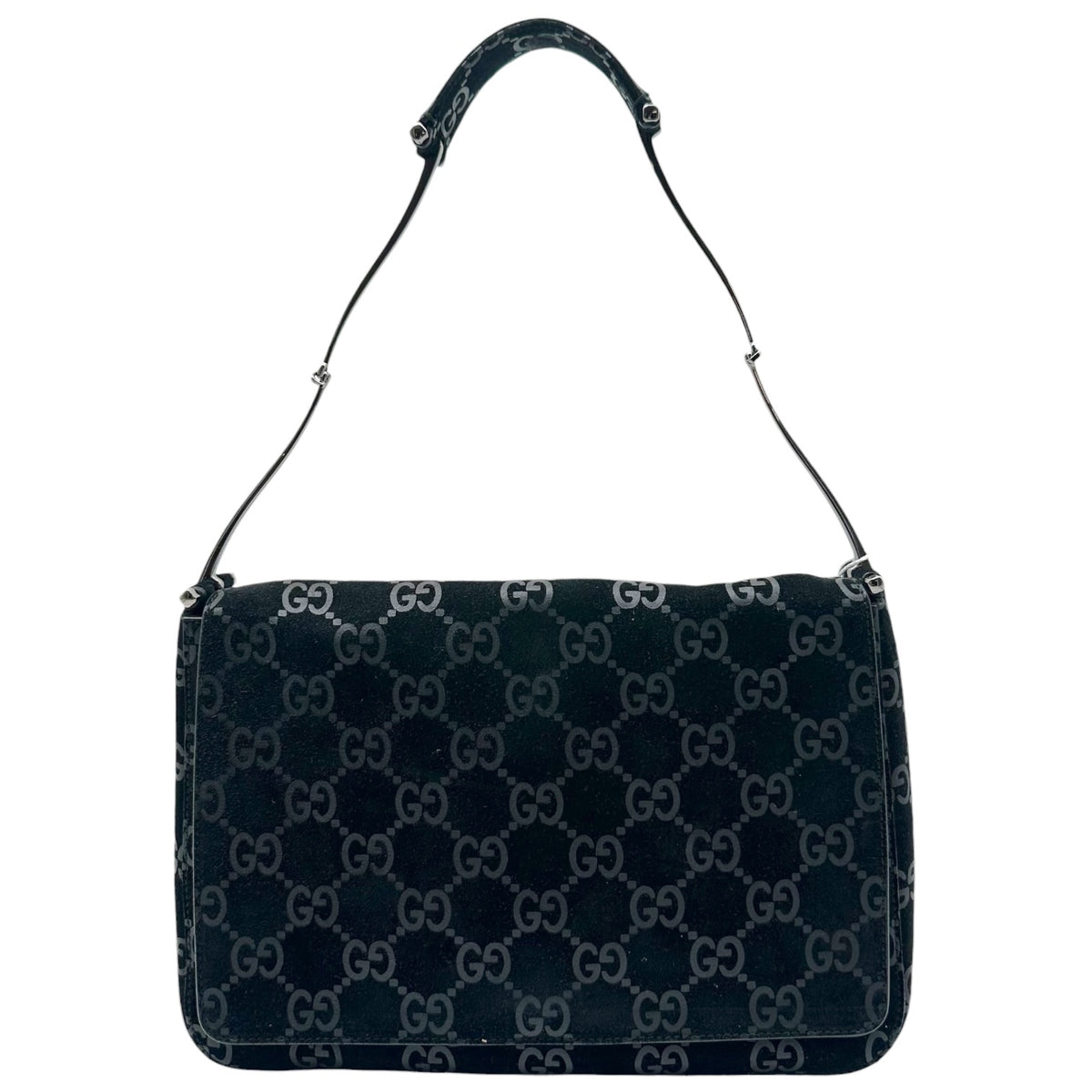 Gucci Black Embossed Suede Shoulder Bag with Metal Strap