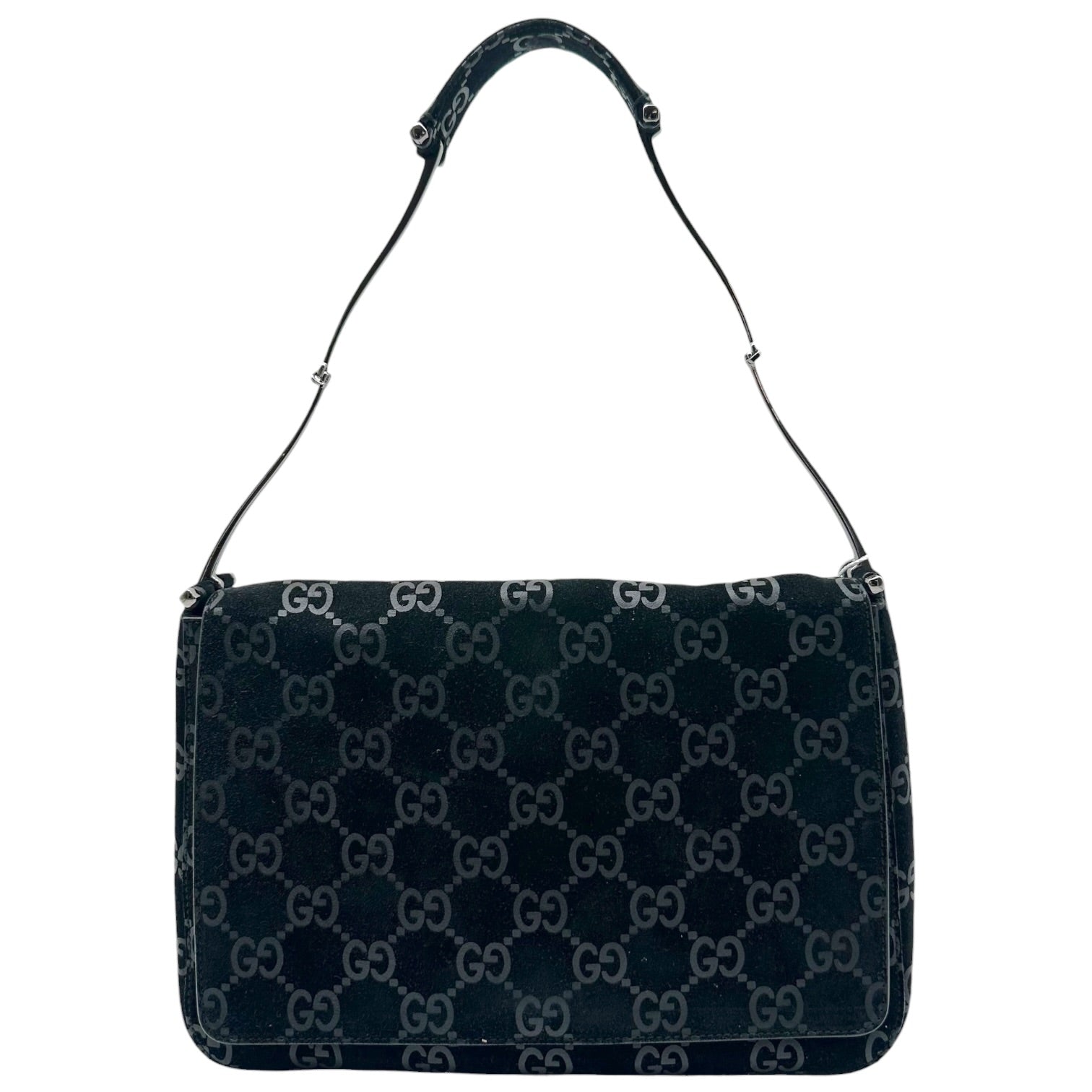 Gucci Black Embossed Suede Shoulder Bag with Metal Strap