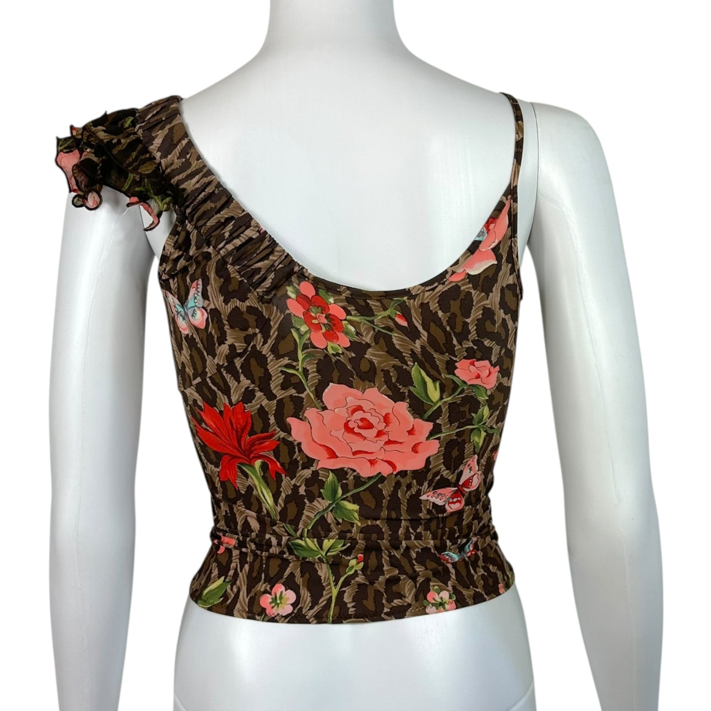 Blumarine Leopard & Floral Print Rhinestone Asymmetrical Tank Top
