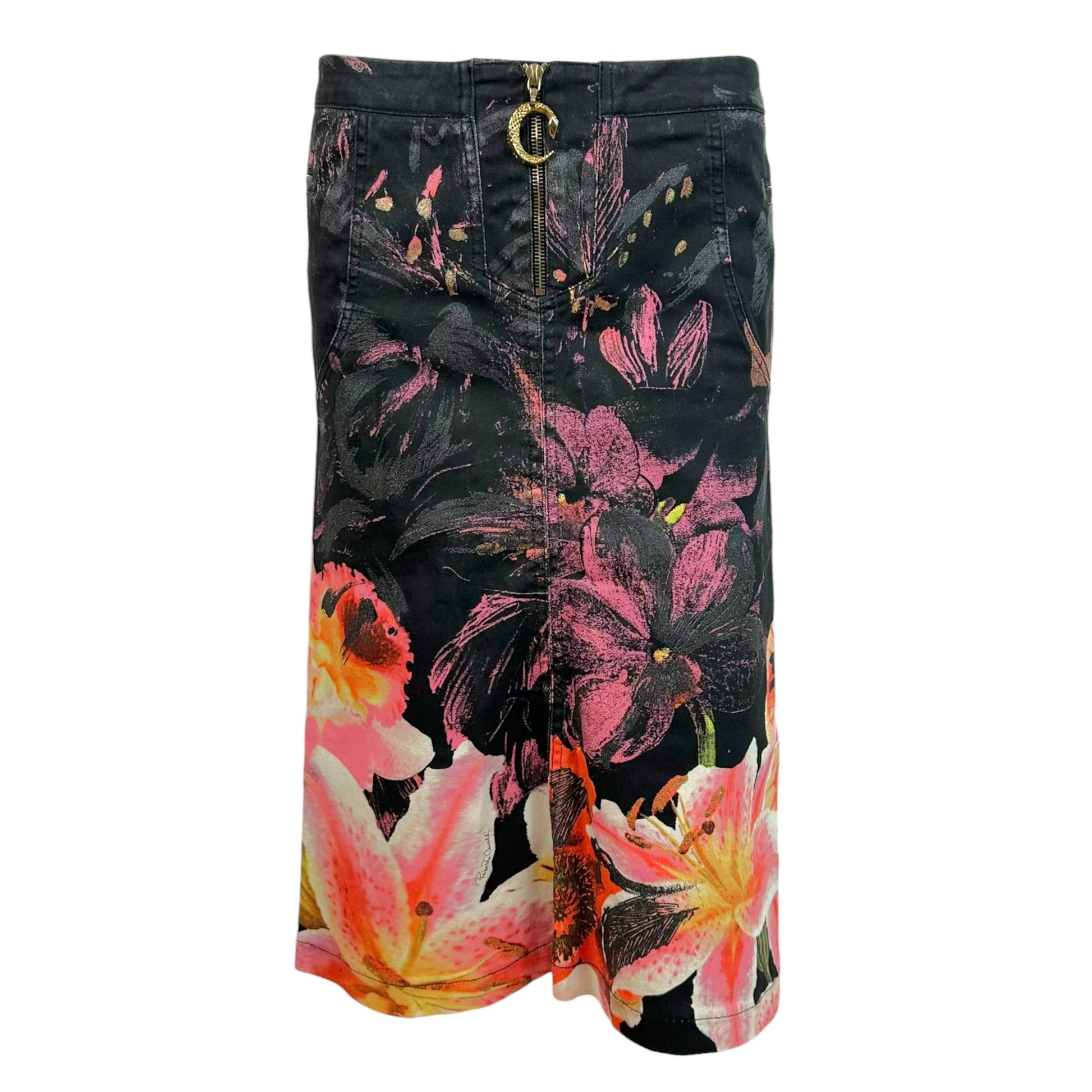 Roberto Cavalli Midi Denim Skirt Pink Black Floral Print