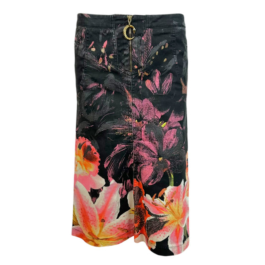 Roberto Cavalli Midi Denim Skirt Pink Black Floral Print
