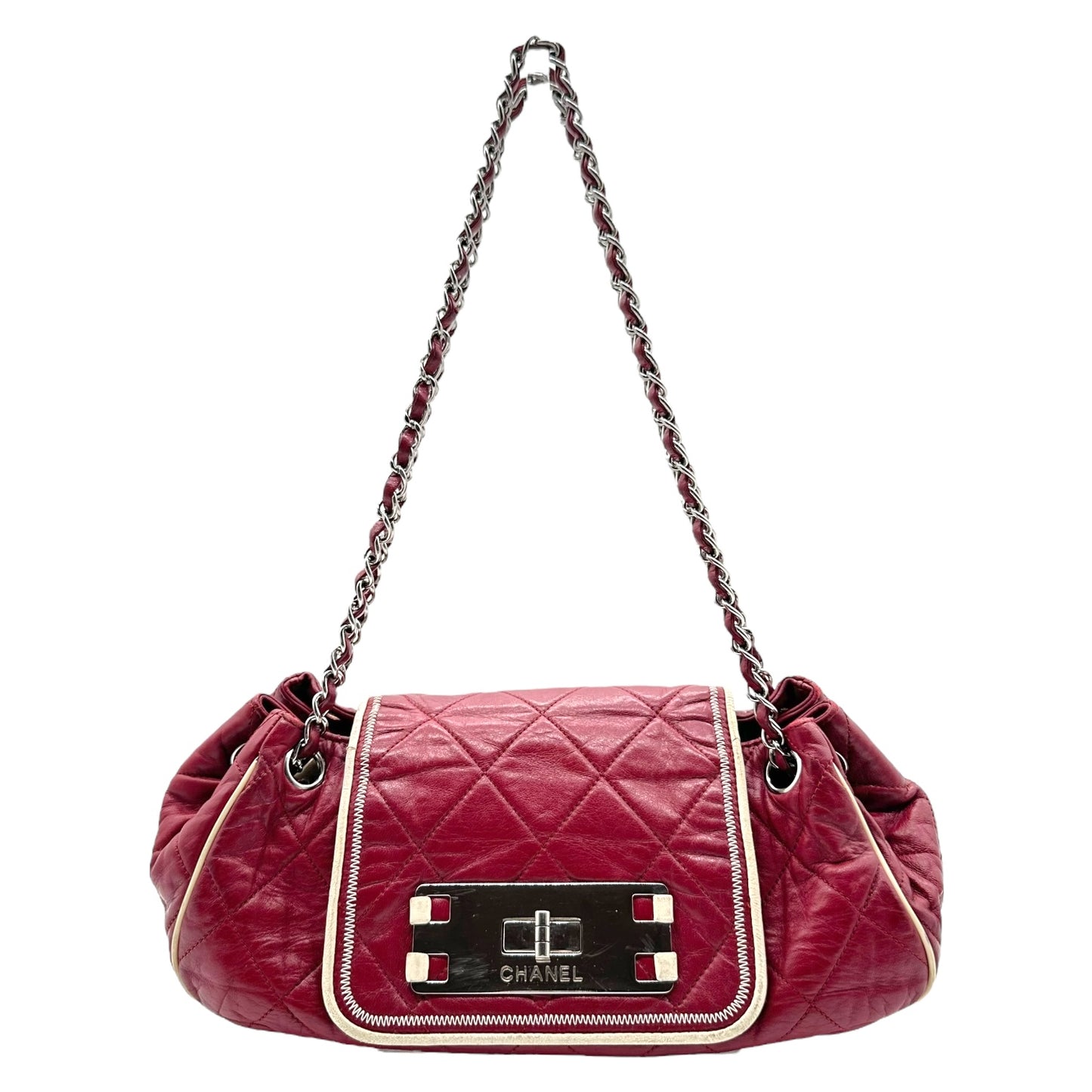 Chanel Burgundy & White Trim East West Accordion Bag
