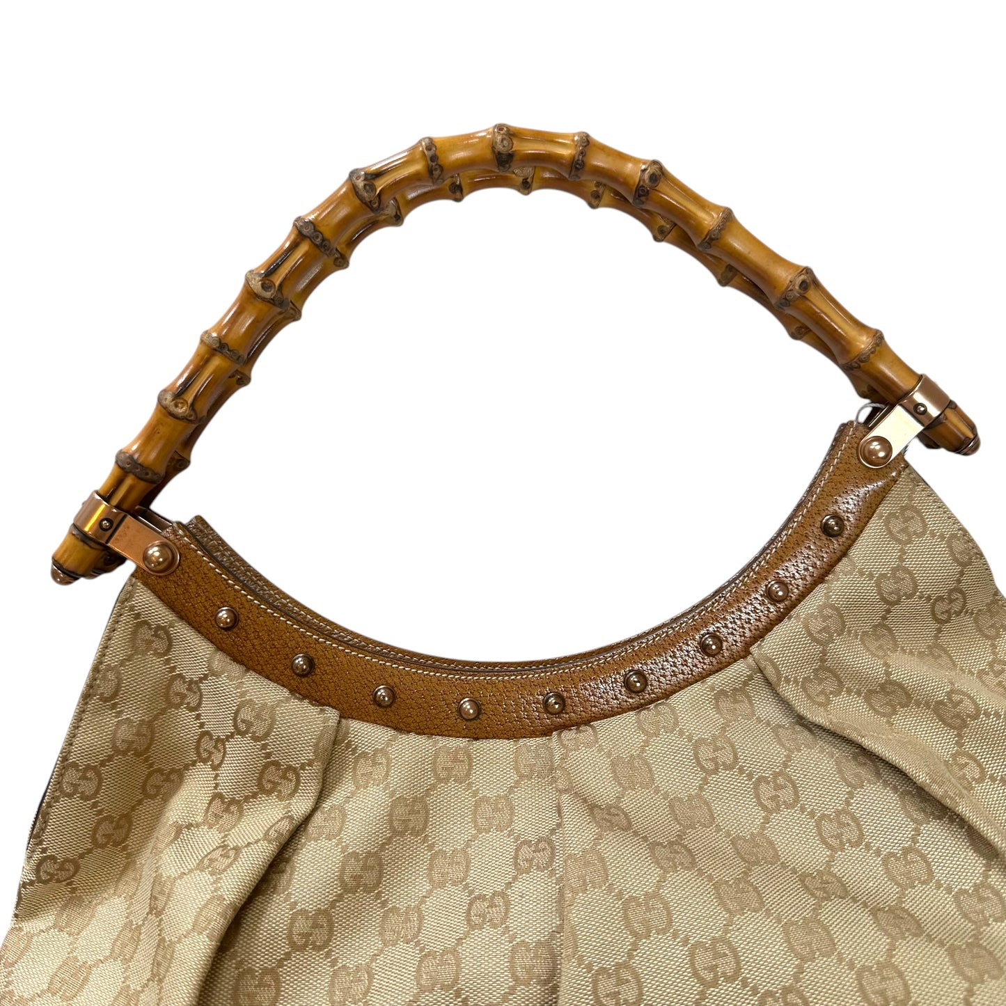 Gucci Tan Monogram Studded Bamboo Handle Shoulder Bag