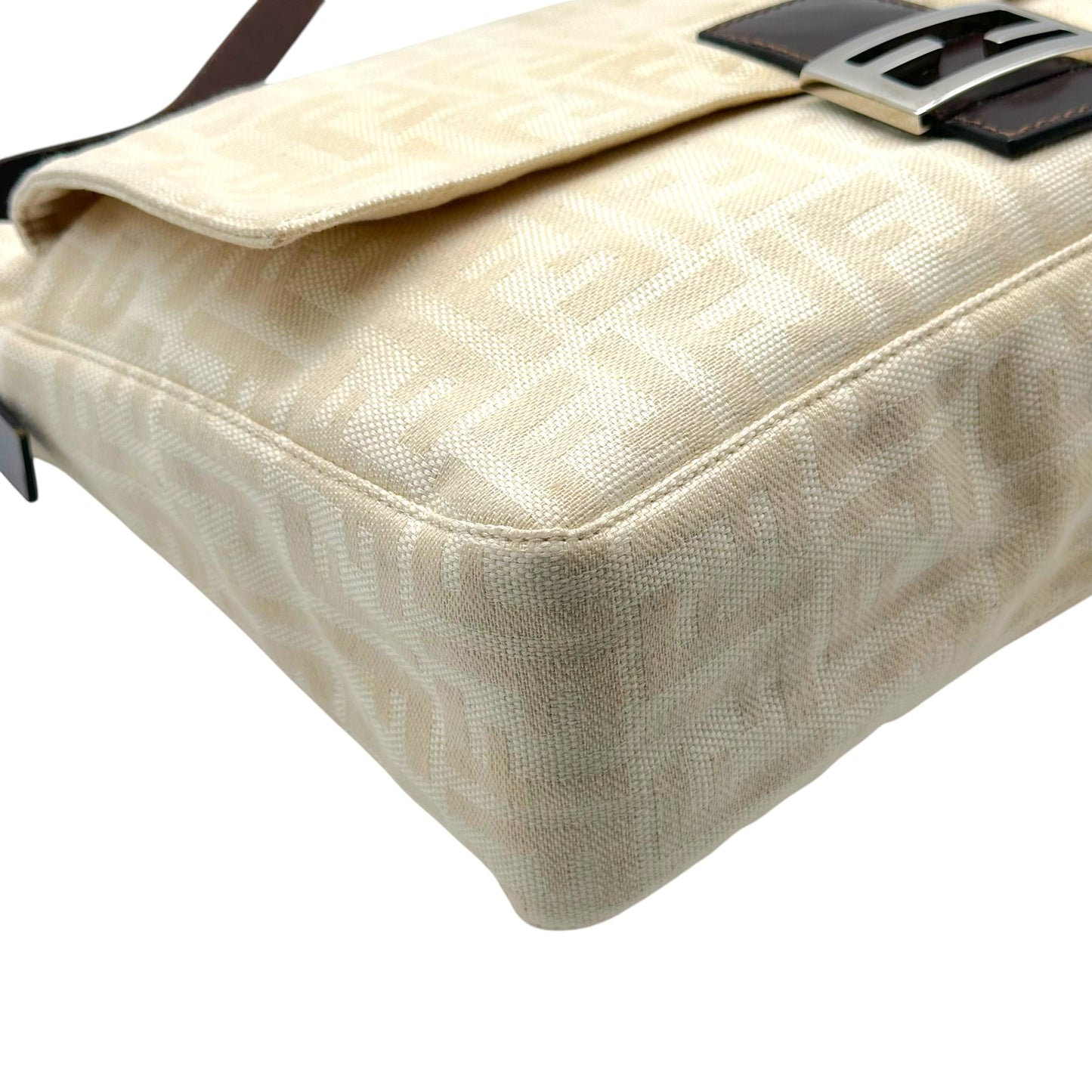 Fendi Ivory Zucca Monogram & Brown Leather XL Mama Front Pocket Baguette Bag