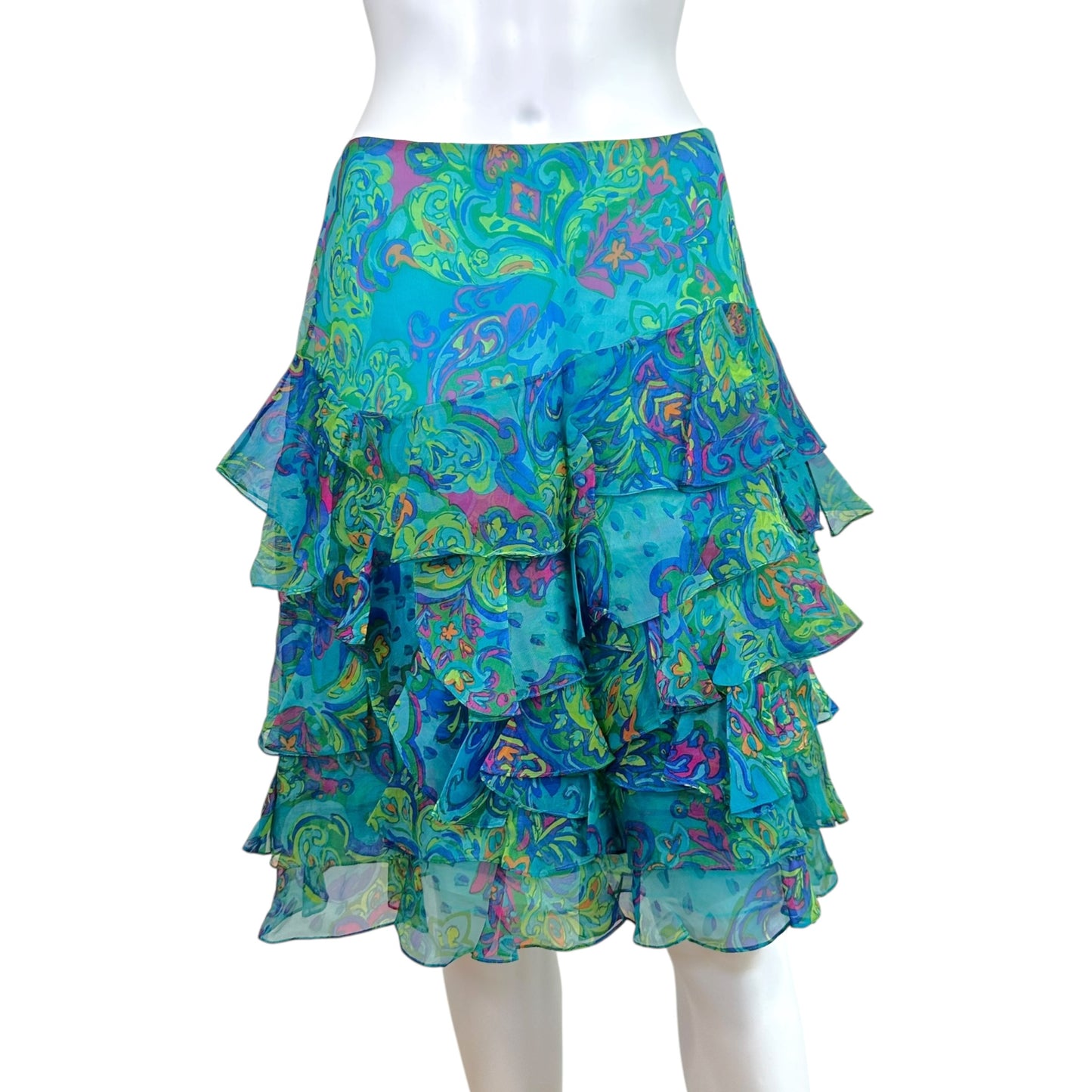 Ralph Lauren Black Label Turquoise Blue Paisley Print Silk Tiered Midi Skirt
