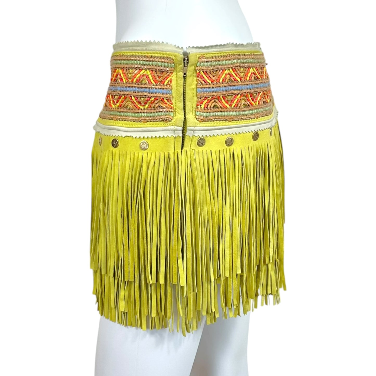 Just Cavalli Roberto Cavalli Bright Yellow Multicolor Suede Fringe Mini Skirt