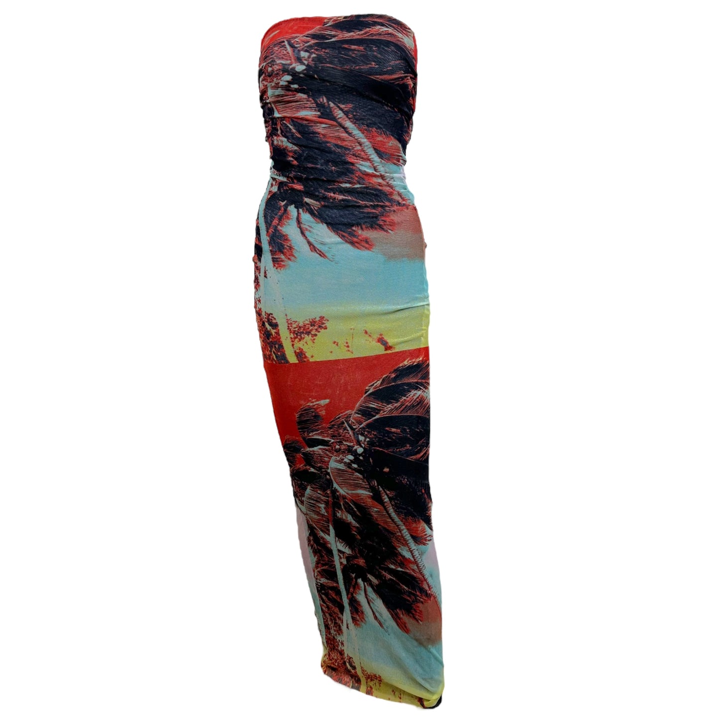 Jean Paul Gaultier Maxi Dress Palm Tree Print Strapless Red