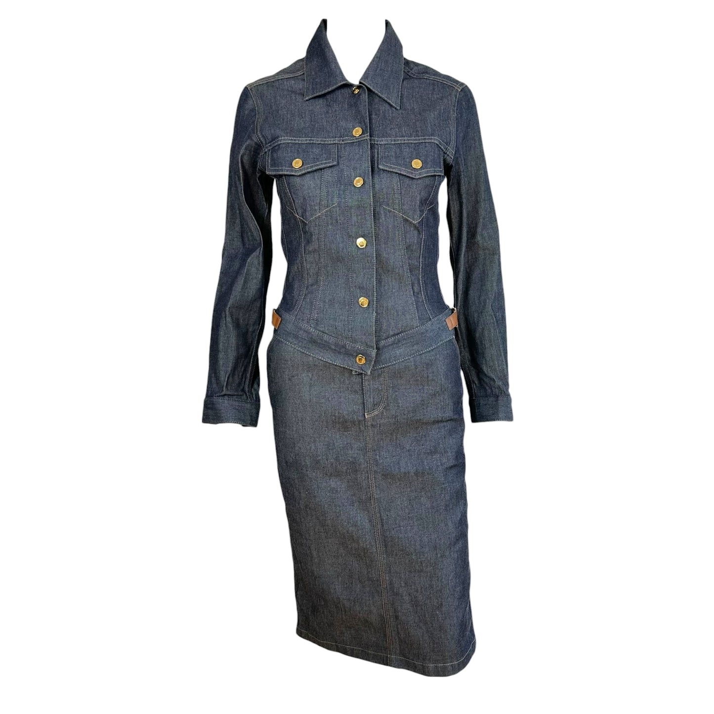 Gucci by Tom Ford 2000 Dark Wash Denim Jacket & Midi Skirt Set
