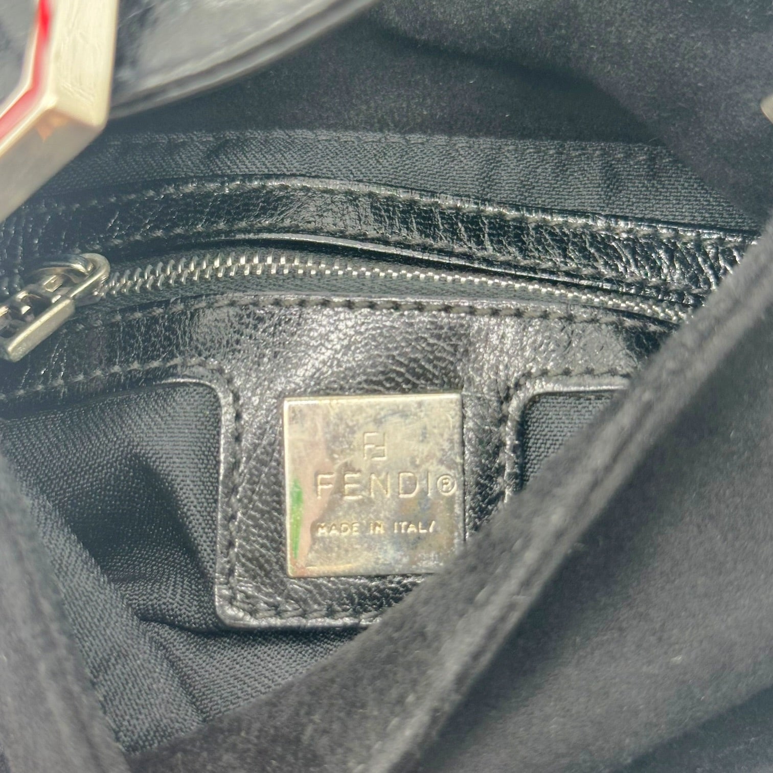 Fendi Black Suede Mini Baguette Bag with Red Buckle