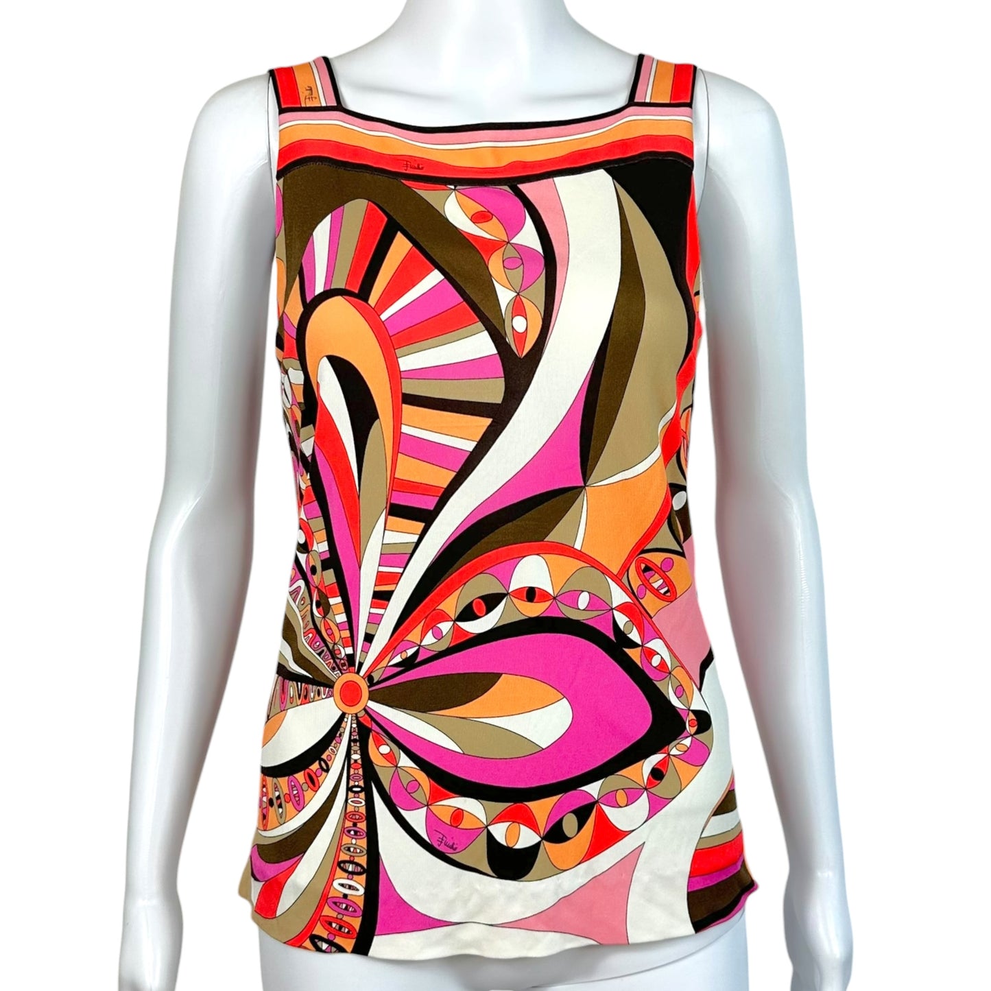 Emilio Pucci Pink & Brown Printed Straight Neckline Tank Top