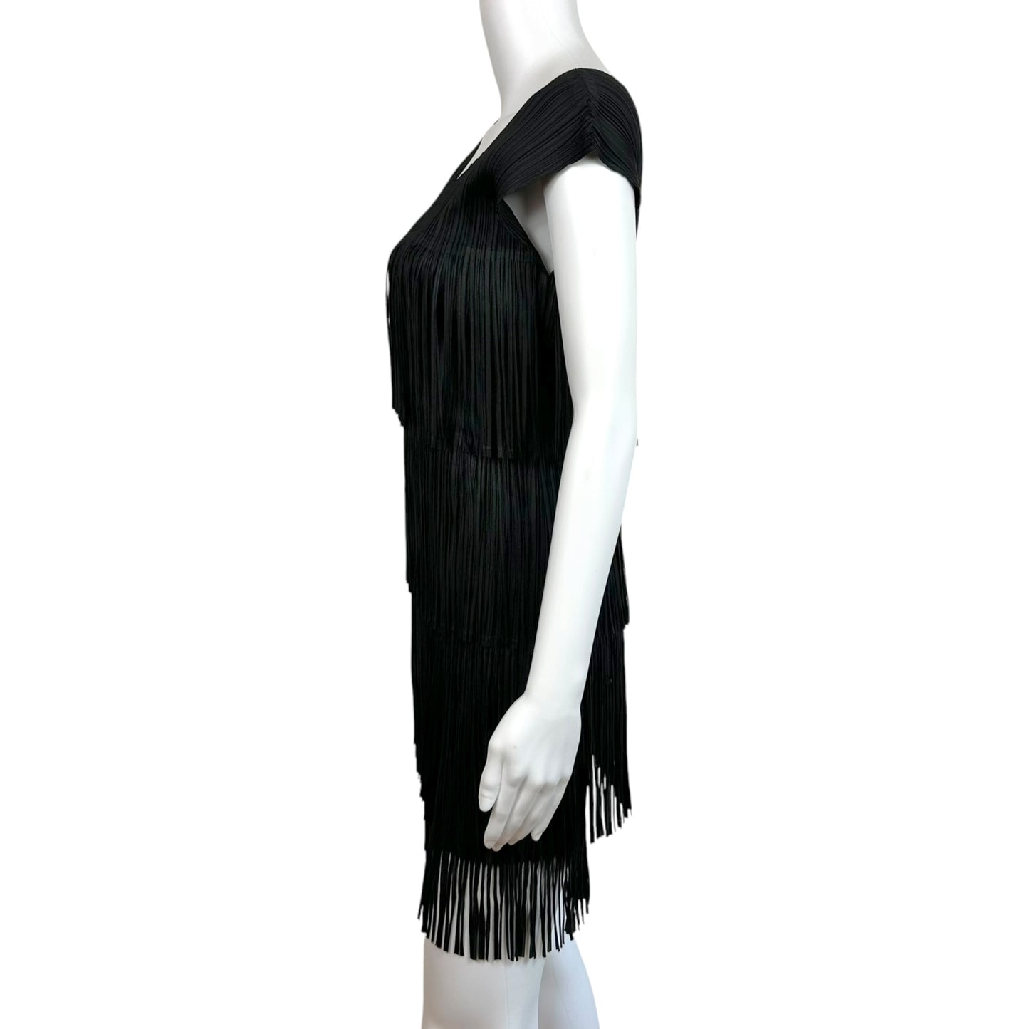Issey Miyake Pleats Please Black Fringe Trim Pleated Mini Dress