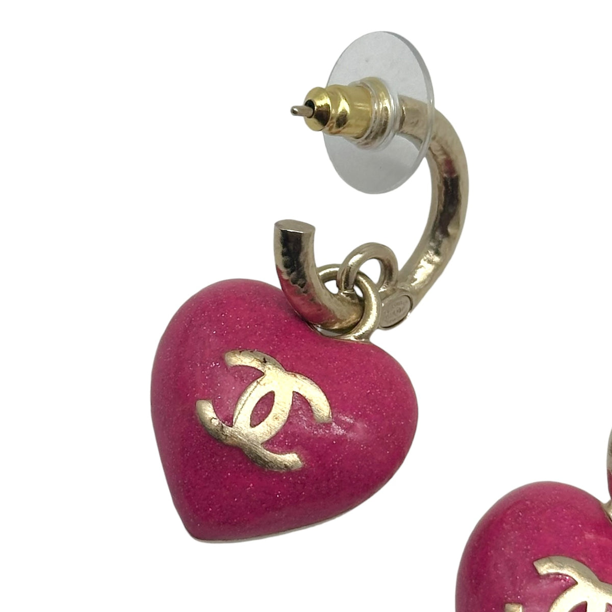 Chanel Gold Pink Crystal CC Heart Logo Hoop Earrings