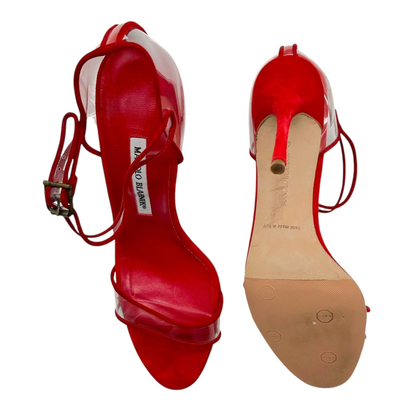 Manolo Blahnik Red Suede Clear PVC Sandal Heels