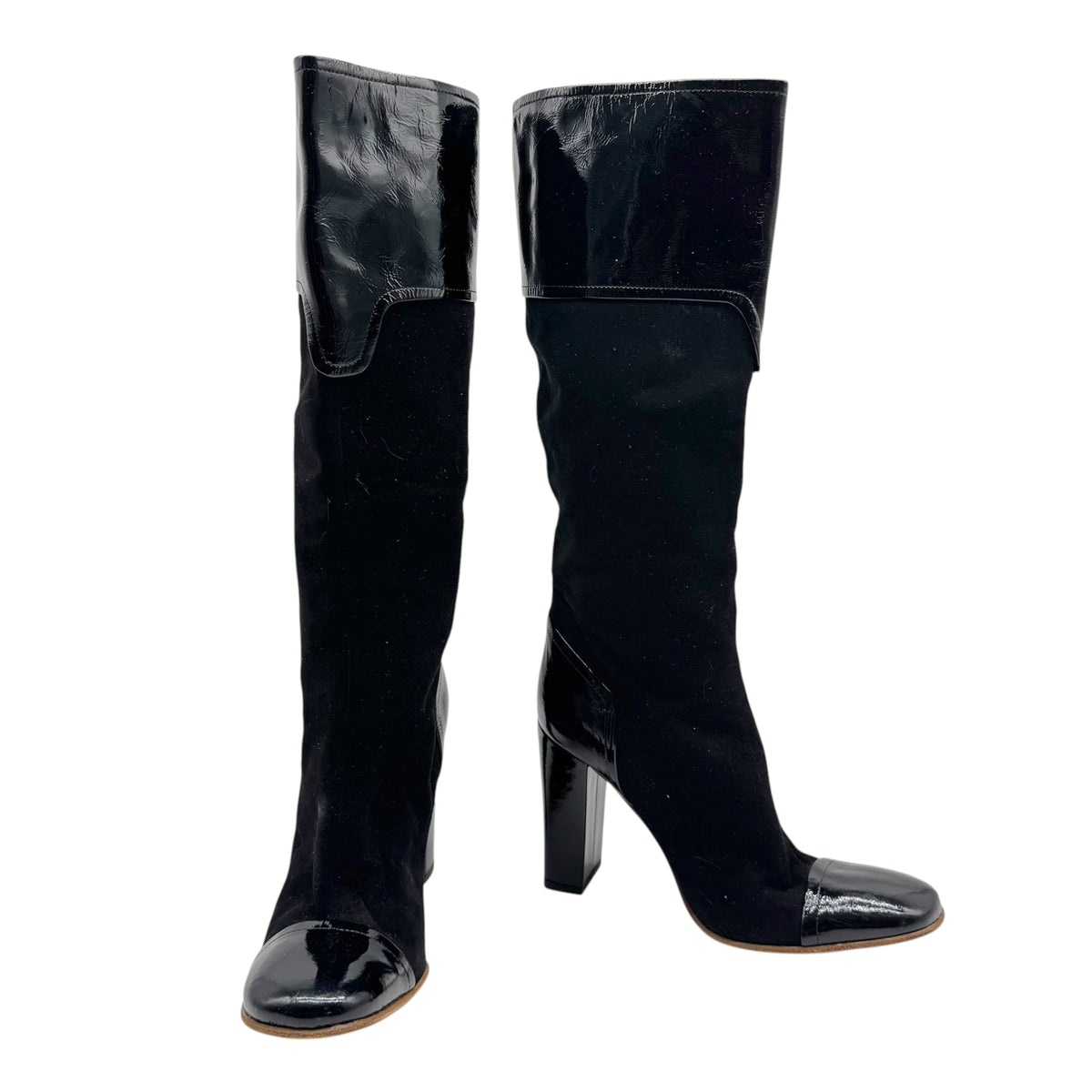 D&G Dolce & Gabbana Black Suede & Patent Leather Rounded Toe Heeled Boots